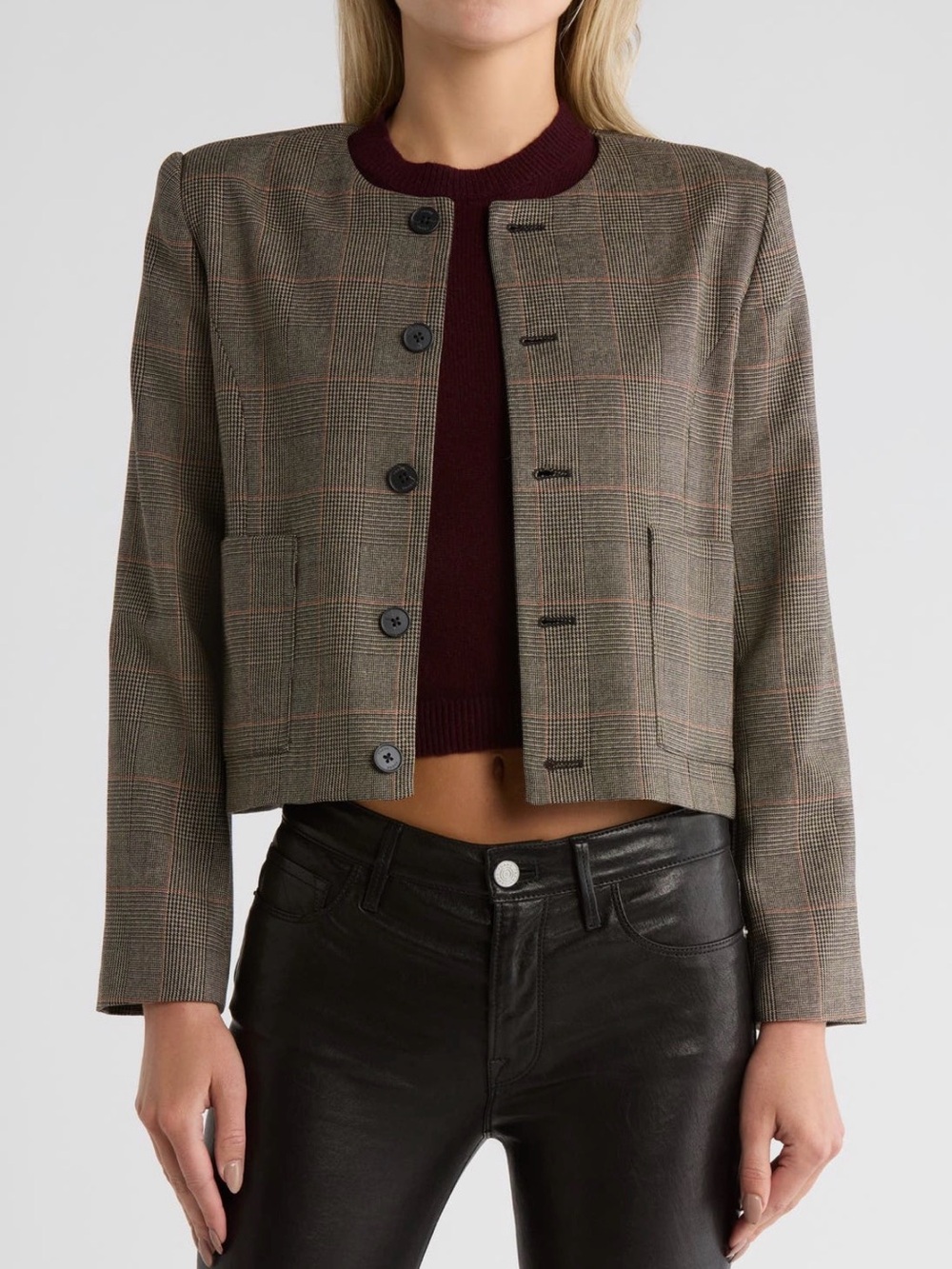 Frame Plaid Collarless Blazer Jacket